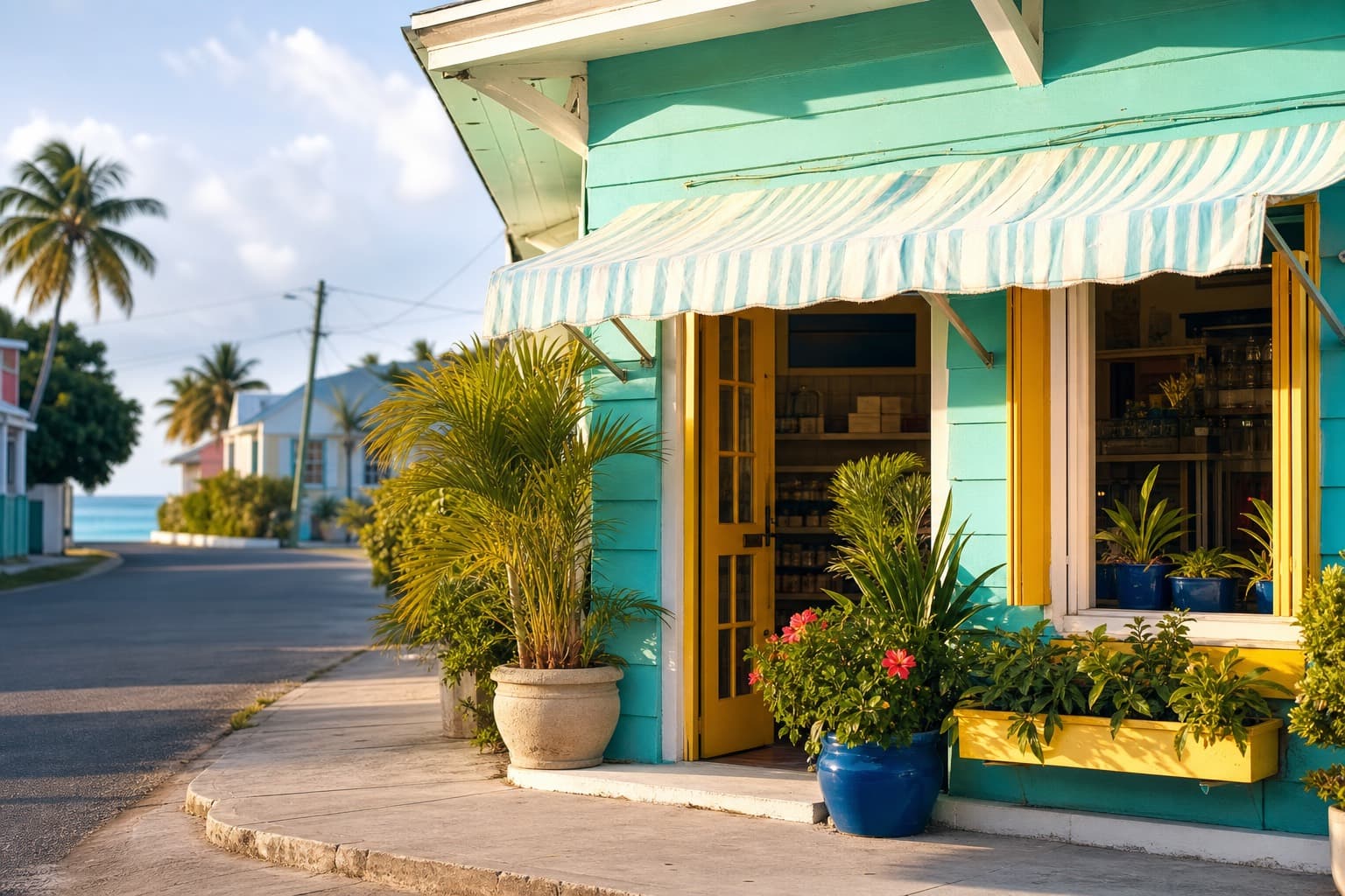 A brightly painted Bahamian corner shop on a sunlit island street.